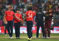 KOLKATA, WEST BENGAL - APRIL 03:  Marlon Samuels of the West Indies is spoken to by the umpires after he celebrates after Carlos Brathwaite of the West Indies hit the second six of the last over as Ben Stokes of England looks on during the ICC World Twenty20 India 2016 Final match between England and West Indies at Eden Gardens on April 3, 2016 in Kolkata, India.  (Photo by Ryan Pierse/Getty Images)
